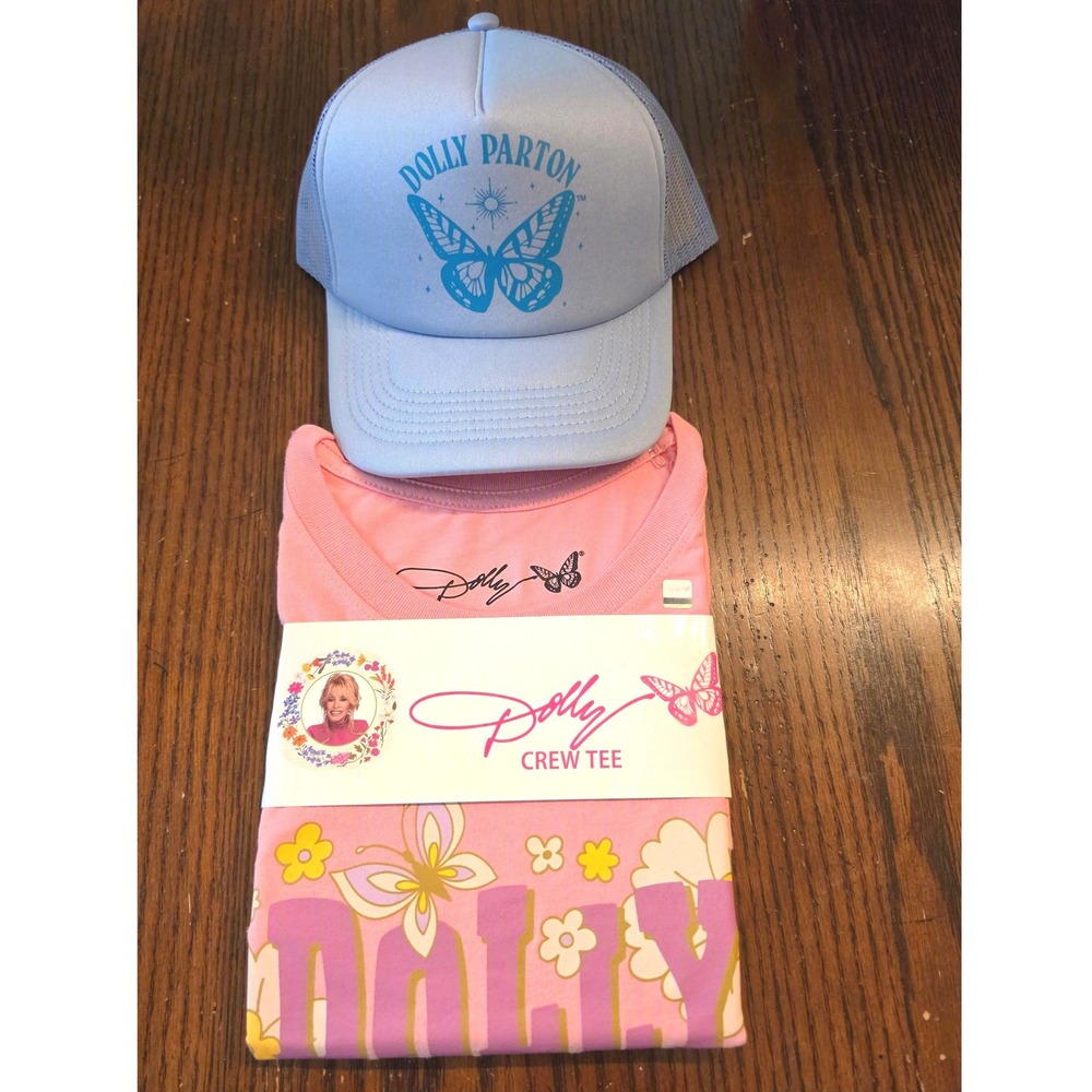 Dolly Parton Pink Graphic T-Shirt M and Blue Butterfly Trucker Hat Set NEW